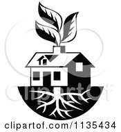 Black And White House With Roots And Leaves Through The Chimney
