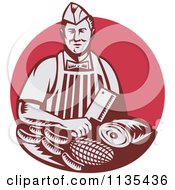 Poster, Art Print Of Retro Woodcut Red Butcher Holding A Cleaver Knife Over Meats