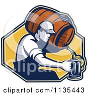 Poster, Art Print Of Retro Man Pouring Beer Into A Mug From A Barrel Over A Yellow Hexagon