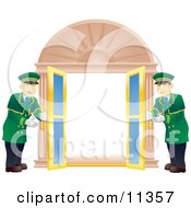 Two Friendly Door Men Opening Double Doors Clipart Illustration by AtStockIllustration