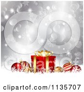 Poster, Art Print Of Silver Christmas Background With Baubles Gifts Bokeh And Snowflakes