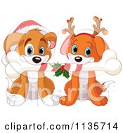 Poster, Art Print Of Cute Christmas Puppies With A Bone Santa Hat And Antlers