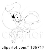 Clipart Of A Black And White Chef Carrying A Platter And Cloche Royalty Free Vector Illustration