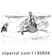 Retro Vintage Couple And Dog On A Beach In Black And White