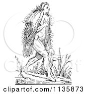 Clipart Of A Retro Vintage Fantasy Hairy Woman And Child Black And White Royalty Free Vector Illustration