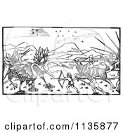 Clipart Of A Retro Vintage Battle Between Cranes And Pygmies Black And White 1 Royalty Free Vector Illustration