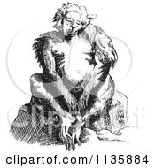 Clipart Of A Retro Vintage Fantasy Ape Creature Sitting Black And White Royalty Free Vector Illustration by Picsburg