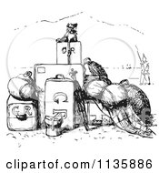 Poster, Art Print Of Retro Vintage Little Dog With A Pile Of Luggage In Black And White