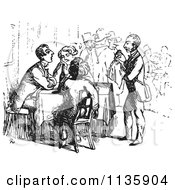 Clipart Of A Retro Vintage Waiter Tending To Tired Travelers In Black And White Royalty Free Vector Illustration by Picsburg