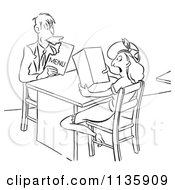 Clipart Of A Retro Vintage Hungry Man Eating His Menu While Out With A Lady Black And White Royalty Free Vector Illustration