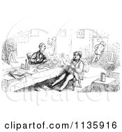 Clipart Of Retro Vintage Men Eating And Reading In Black And White Royalty Free Vector Illustration by Picsburg