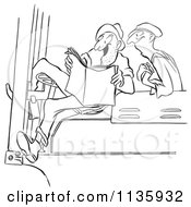 Clipart Of A Retro Vintage Worker Men Reading An Exciting Story Black And White Royalty Free Vector Illustration by Picsburg