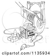 Clipart Of A Retro Vintage Airplane Assembly Worker Man Reading And Eating Lunch By A Wheel Black And White Royalty Free Vector Illustration by Picsburg