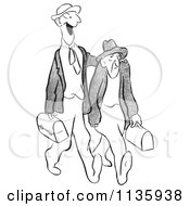 Clipart Of A Retro Vintage Worker Man Trying To Cheer Up A Grumpy Guy Black And White Royalty Free Vector Illustration