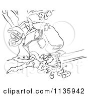 Clipart Of A Retro Vintage Man Collecting Gas From A Leaky Tank After A Car Wreck Black And White Royalty Free Vector Illustration by Picsburg