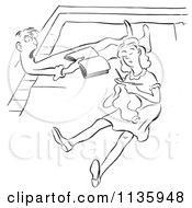 Clipart Of A Retro Vintage Couple Reading And Knitting On Their Floor Black And White Royalty Free Vector Illustration by Picsburg