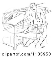 Clipart Of A Retro Vintage Office Worker Man Sleeping In His Desk Drawer Black And White Royalty Free Vector Illustration
