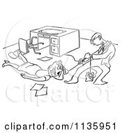 Clipart Of A Retro Vintage Man Trying To Take A Phone From A Woman Black And White Royalty Free Vector Illustration