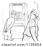 Clipart Of A Retro Vintage Man At A Cigarette Machine Watching A Woman With A Pipe Black And White Royalty Free Vector Illustration
