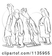 Clipart Of A Retro Vintage Man Wearing Boards On His Feet To Sleep While Standing In Line Black And White Royalty Free Vector Illustration