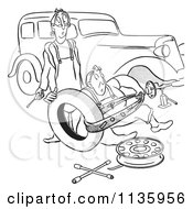 Poster, Art Print Of Retro Vintage Man And Woman Struggling With Changing A Car Tire Black And White