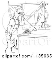 Clipart Of A Retro Vintage Worker Man Yelling Into A Phone Black And White Royalty Free Vector Illustration by Picsburg