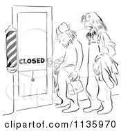 Clipart Of A Retro Vintage Shaggy Men At A Closed Barber Shop Door Black And White Royalty Free Vector Illustration