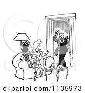 Cartoon Of A Retro Vintage Man Greeting Two Ladies In A Living Room In Black And White Royalty Free Vector Clipart by Picsburg