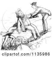 Clipart Of Retro Vintage Friends Helping A Man Up A Hill In Black And White Royalty Free Vector Illustration