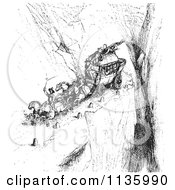 Clipart Of A Retro Vintage Carriage On A Cliff Road In Black And White Royalty Free Vector Illustration