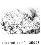Clipart Of Retro Vintage Men Running Over Boulders To Catch A Ride In Black And White Royalty Free Vector Illustration