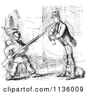Clipart Of A Retro Vintage Man Defending A Dog From A Guard In Black And White Royalty Free Vector Illustration by Picsburg