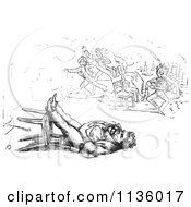 Clipart Of A Retro Vintage Man Sleeping In A Toppled Chair In Black And White Royalty Free Vector Illustration