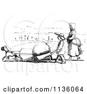 Clipart Of A Retro Vintage Dog Pulling A Boulder In A Wheel Barrow In Black And White Royalty Free Vector Illustration