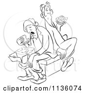 Clipart Of A Retro Vintage Worker Men Eating Sandwiches For Lunch Black And White Royalty Free Vector Illustration by Picsburg