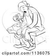 Clipart Of A Retro Vintage Tired Worker Man Eating A Sandwich For Lunch Black And White Royalty Free Vector Illustration by Picsburg