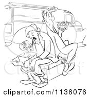 Clipart Of A Retro Vintage Worker Men Eating By A Truck Black And White Royalty Free Vector Illustration by Picsburg