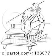 Clipart Of A Retro Vintage Sad Man Sitting On Steps Black And White Royalty Free Vector Illustration