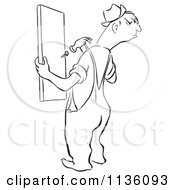 Clipart Of A Retro Vintage Angry Man Repairing A Fence Black And White Royalty Free Vector Illustration