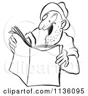 Clipart Of A Retro Vintage Worker Man Reading An Exciting Story Black And White Royalty Free Vector Illustration