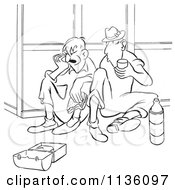Clipart Of Retro Vintage Worker Men Taking A Lunch Break Black And White Royalty Free Vector Illustration by Picsburg
