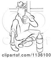 Clipart Of A Retro Vintage Worker Man Drinking Water On His Break Black And White Royalty Free Vector Illustration by Picsburg