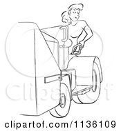 Clipart Of A Retro Vintage Worker Woman And A Machine Black And White Royalty Free Vector Illustration