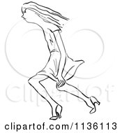 Clipart Of A Retro Vintage Woman Trying To Keep Her Dress Down In The Wind Black And White Royalty Free Vector Illustration by Picsburg