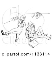 Clipart Of A Retro Vintage Angry Man And Woman After Tripping Over A Toy Black And White Royalty Free Vector Illustration by Picsburg