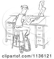 Clipart Of A Retro Vintage Chained Office Worker Man Watching A Lady Walk By Black And White Royalty Free Vector Illustration