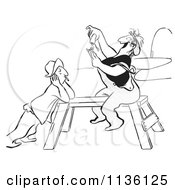Clipart Of A Retro Vintage Worker Woman Sitting On A Saw Horse And Rolling A Cigarette Black And White Royalty Free Vector Illustration by Picsburg