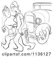 Poster, Art Print Of Retro Vintage Worker Man Losing Part Of His Pants On A Car While Talking To A Lady Black And White
