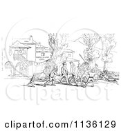 Clipart Of A Retro Vintage Crowd On Shore In Black And White Royalty Free Vector Illustration