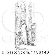 Clipart Of A Retro Vintage Man And Blanket At A Window In Black And White Royalty Free Vector Illustration